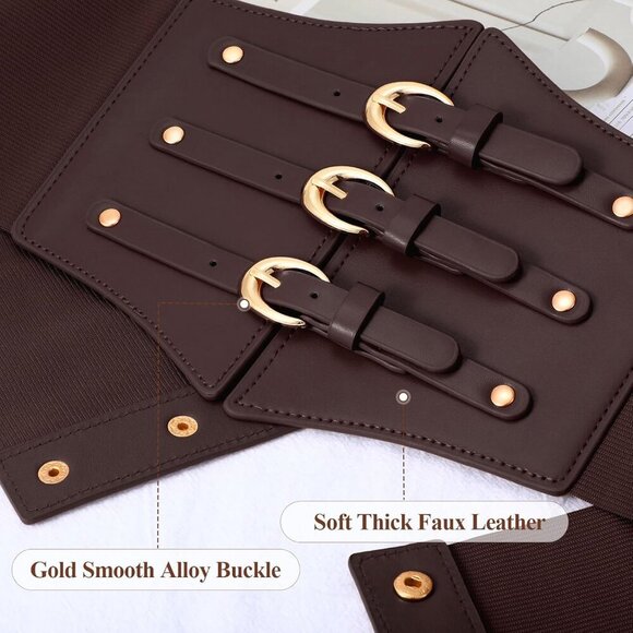 Women Corset Wide Stretch Waspie Elastic Waist Belt with Brown Buckle Gold main image 5